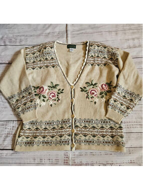 Vintage Dana Scott Knit Embroidered Floral Cottagecore Cardigan Grannycore Large